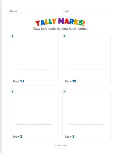 Tally marks · Draw the marks · To 20 · 4 questions worksheet