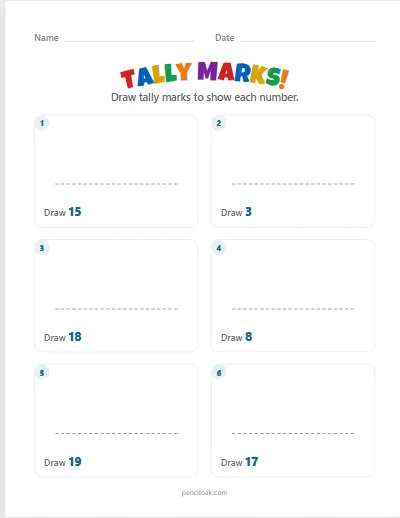 Tally marks · Draw the marks · To 20 · 6 questions worksheet