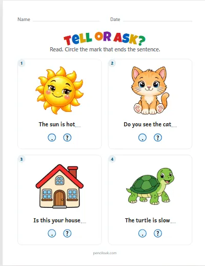 Tell or ask · Circle it · 4 sentences worksheet