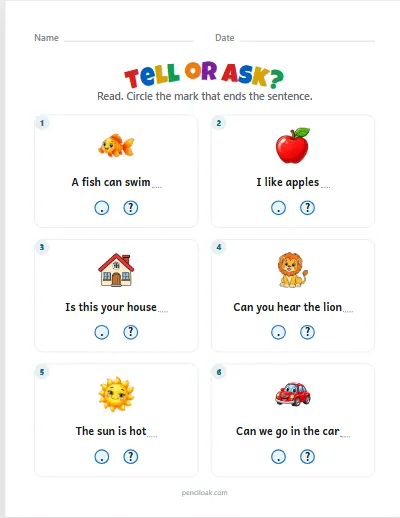 Tell or ask · Circle it · 6 sentences · set 2 worksheet