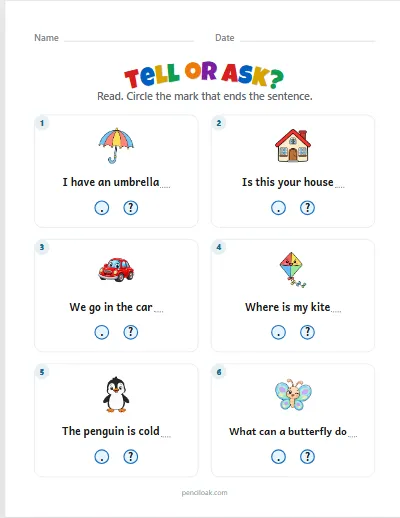 Tell or ask · Circle it · 6 sentences · set 3 worksheet