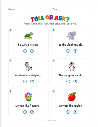 Tell or ask · Circle it · 6 sentences worksheet