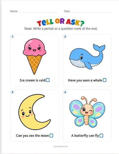 Tell or ask · Write it · 4 sentences worksheet
