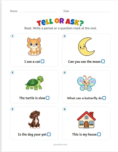 Tell or ask · Write it · 6 sentences · set 4 worksheet