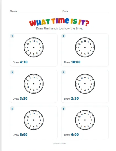 Telling time · Draw the hands · O'clock and half past · 6 questions worksheet