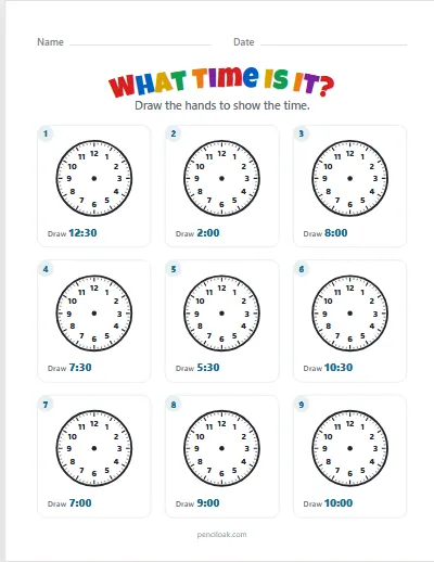 Telling time · Draw the hands · O'clock and half past · 9 questions worksheet