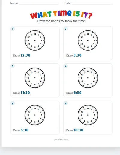 Telling time · Draw the hands · Half past · 6 questions worksheet