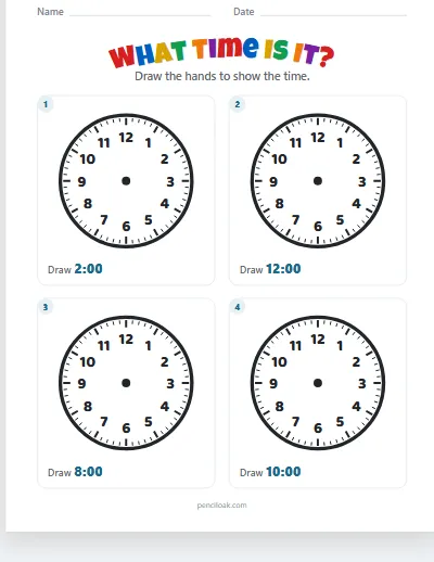 Telling time · Draw the hands · O'clock · 4 questions worksheet