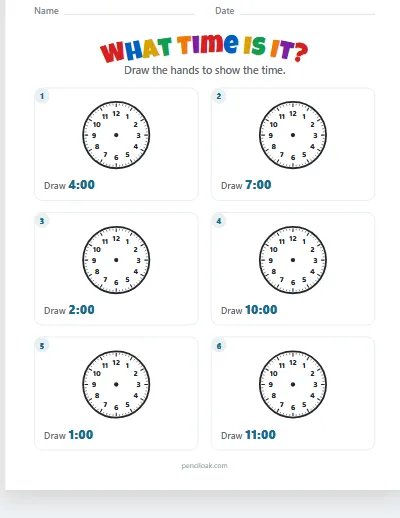 Telling time · Draw the hands · O'clock · 6 questions worksheet