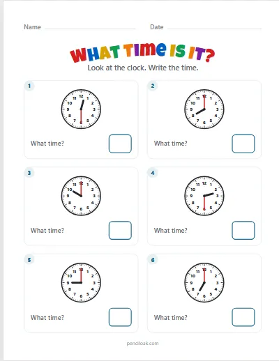 Telling time · Read the clock · O'clock and half past · 6 questions worksheet