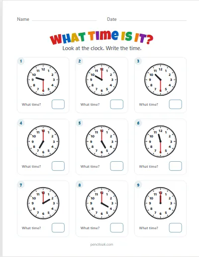 Telling time · Read the clock · O'clock and half past · 9 questions worksheet