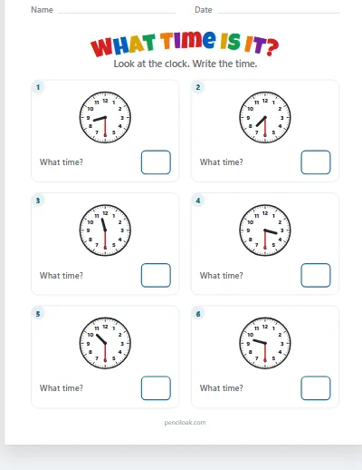 Telling time · Read the clock · Half past · 6 questions worksheet