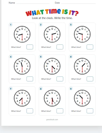 Telling time · Read the clock · Half past · 9 questions worksheet