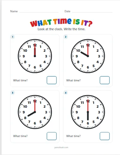 Telling time · Read the clock · O'clock · 4 questions worksheet