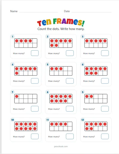 Ten frames · How many? · To 10 · 12 questions worksheet