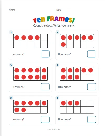 Ten frames · How many? · To 10 · 6 questions · set 2 worksheet