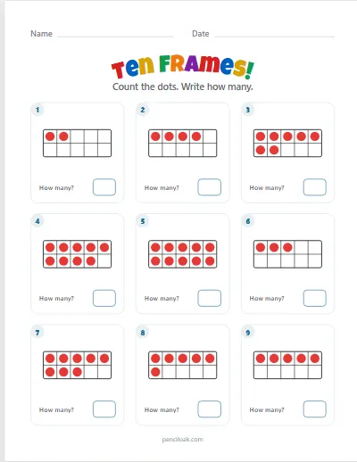 Ten frames · How many? · To 10 · 9 questions worksheet
