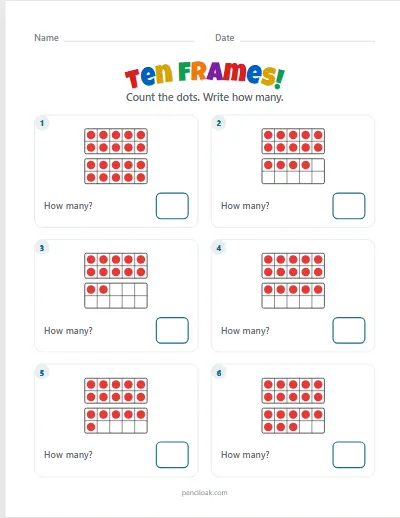 Ten frames · How many? · To 20 · 6 questions worksheet