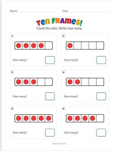 Ten frames · How many? · To 5 · 6 questions worksheet