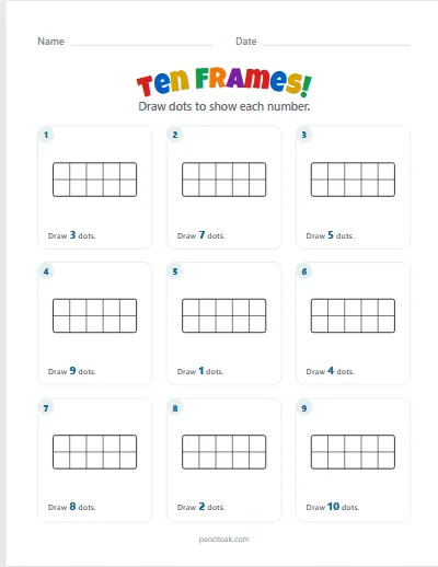 Ten frames · Show the number · To 10 · 9 questions worksheet