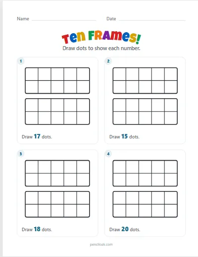 Ten frames · Show the number · To 20 · 4 questions worksheet