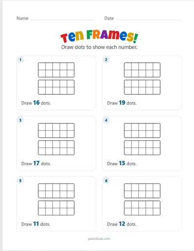 Ten frames · Show the number · To 20 · 6 questions worksheet