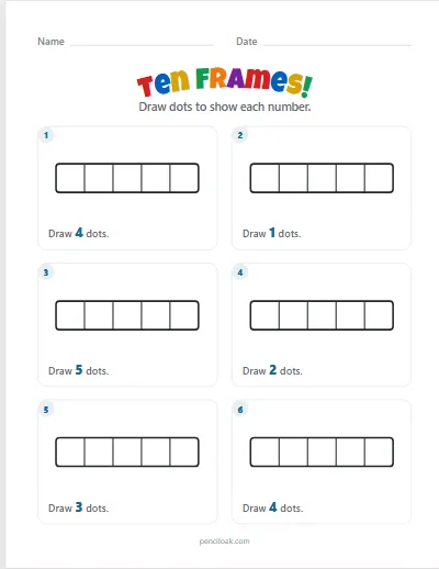 Ten frames · Show the number · To 5 · 6 questions worksheet