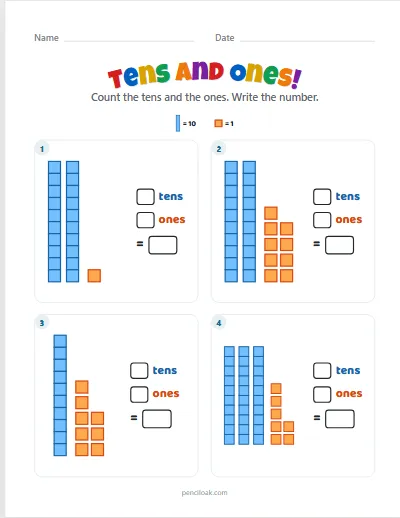 Tens and ones · 10 to 50 · 4 questions · set 2 worksheet