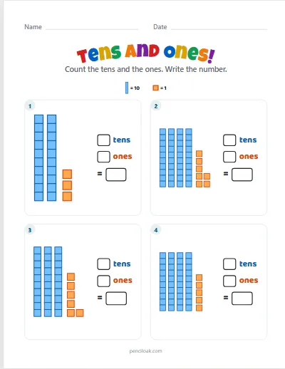 Tens and ones · 10 to 50 · 4 questions worksheet