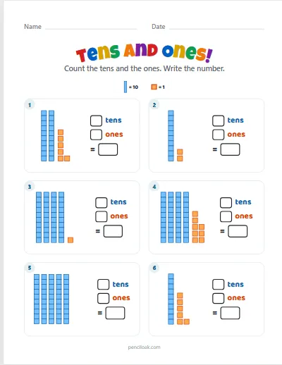 Tens and ones · 10 to 50 · 6 questions · set 2 worksheet