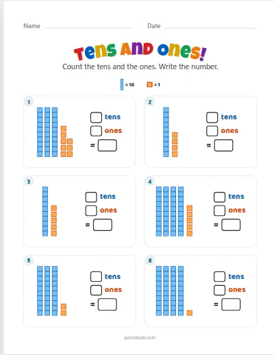 Tens and ones · 10 to 50 · 6 questions · set 3 worksheet