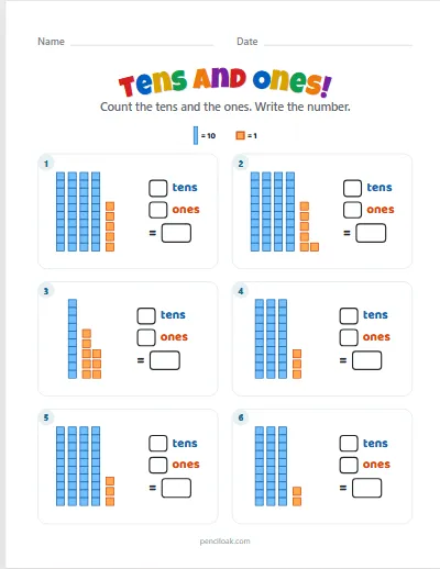 Tens and ones · 10 to 50 · 6 questions worksheet