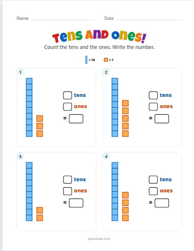 Tens and ones · 11 to 19 · 4 questions · set 2 worksheet