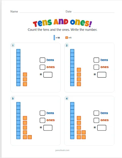 Tens and ones · 11 to 19 · 4 questions · set 3 worksheet