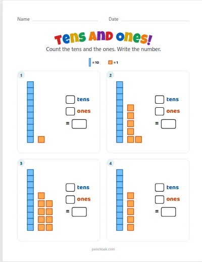 Tens and ones · 11 to 19 · 4 questions worksheet