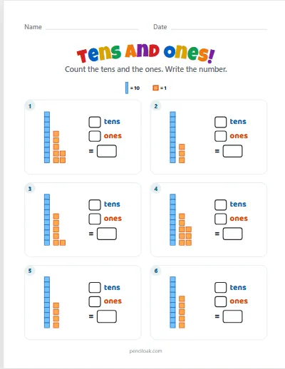 Tens and ones · 11 to 19 · 6 questions · set 2 worksheet