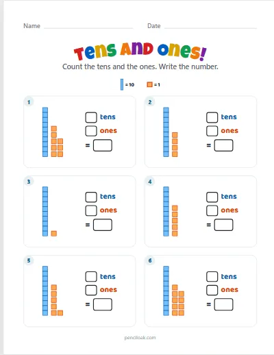 Tens and ones · 11 to 19 · 6 questions · set 3 worksheet