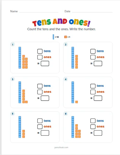 Tens and ones · 11 to 19 · 6 questions · set 4 worksheet