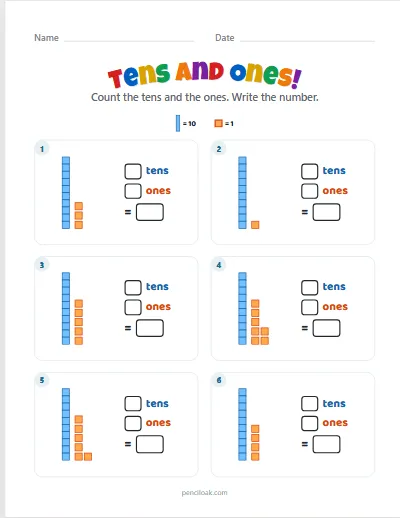 Tens and ones · 11 to 19 · 6 questions worksheet