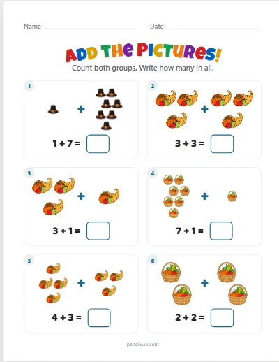 Addition to 10 · Thanksgiving mix · 6 questions worksheet