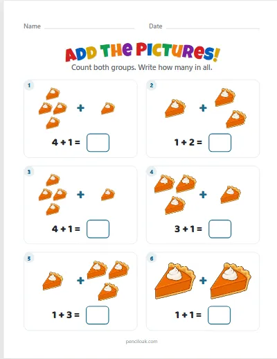Addition to 5 · Pumpkin pies · 6 questions worksheet
