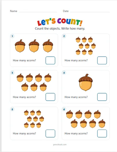 Count to 10 · Acorns · 6 questions worksheet