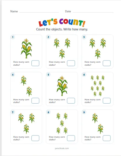 Count to 10 · Corn stalks · 9 questions worksheet