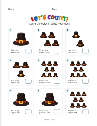 Count to 10 · Pilgrim hats · 9 questions worksheet