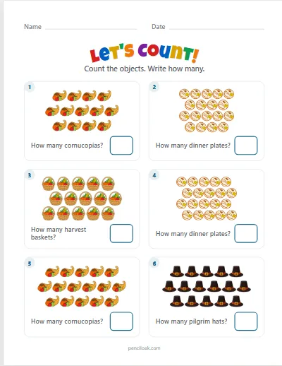 Count to 20 · Thanksgiving mix · 6 questions worksheet