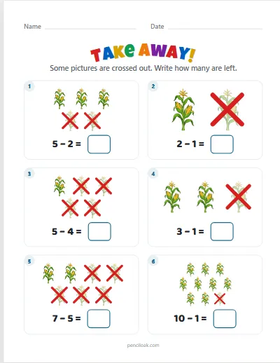 Take away from 10 · Corn stalks · 6 questions worksheet