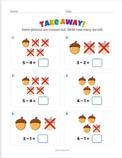 Take away from 5 · Acorns · 6 questions worksheet