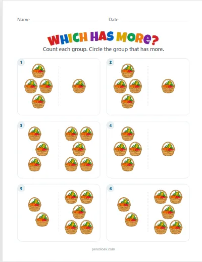 Which has more · To 5 · Harvest baskets · 6 questions worksheet
