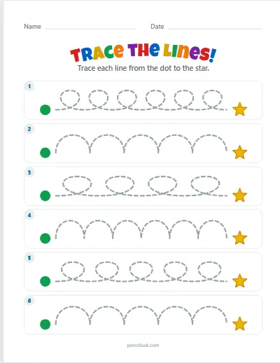 Tracing lines · Curves and loops · 6 rows worksheet