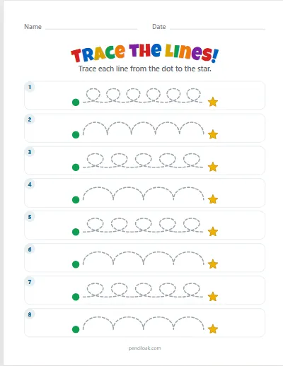 Tracing lines · Curves and loops · 8 rows worksheet